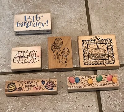 Lote de 6 estampillas de goma de madera para celebrar feliz cumpleaños Foto 1 de 4