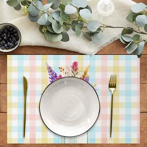 Floral Placemats Set of 4 Artistic Colorful Plaid Flowers Vase Printed Place ... - Picture 1 of 8