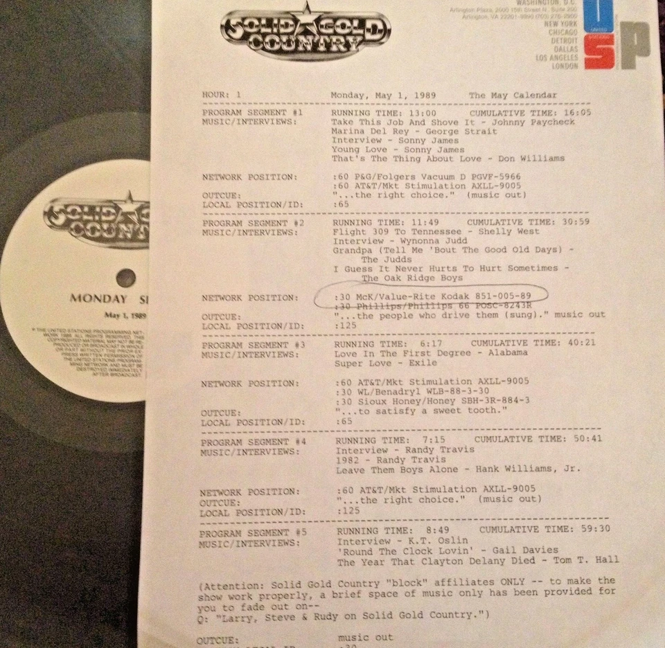 RADIO SHOW: SOLID GOLD COUNTRY MAY 5/1/89 JOHNNY PAYCHECK,SHELLY WEST,TOM T HALL - Image 1 of 1