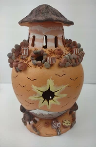 Mexico Terracotta Pottery Handmade house Hut Tealight Holder Signed Moon 8.5" - Picture 1 of 10