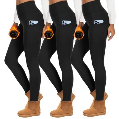 Lot de 3 leggings thermiques pour femme avec poches leggings doublés taille h... - Photo 1/4