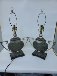 Pair of Textured Green Black Siver Trim Table Lamps Vintage Unbranded - Picture 1 of 6
