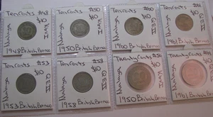 1948 1950 1953 1958 1960 61 Diez Céntimos 20 Céntimos Malasia Británica Juego de 8 Monedas Malasia - Imagen 1 de 9