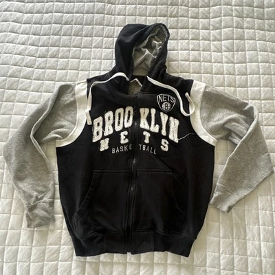 BROOKLYN NETS Hoodie Mens Medium Black Gray Raised Logo Full Zip Basketball NBA - Image 1 of 4