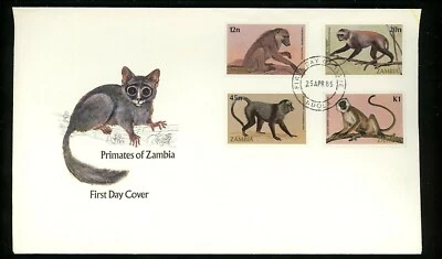 Postal History Zambia FDC #320-323 animals primates monkey baboon 1985 - Image 1 of 2