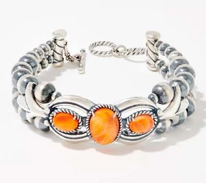 American West Sterling Silver Oval & Bead Orange Spiny Shell Toggle Bracelet 7" - Picture 1 of 2