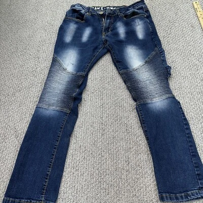 XRay Blue Distressed Acid Dark Wash Ribbed Design Moto Men 32/30 Denim Standard - Image 1 of 4