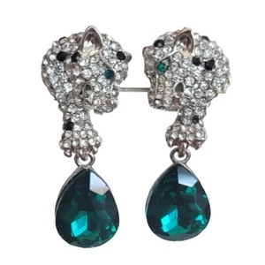 Panther Rhinestone Blue Lucite Dangle Pierced Lever Back Earrings, K256 - Picture 1 of 9