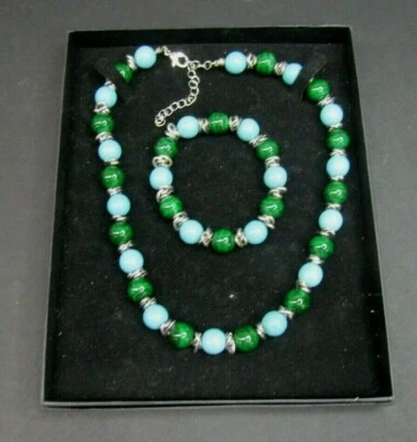 Handmade Jade Green/Turquoise Blue Bead Silver Necklace & Bracelet Set - Image 1 of 2