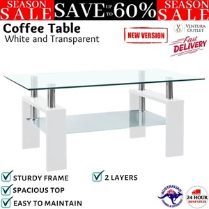 vidaXL Coffee Table White and Transparent 95x55x40 cm Tempered Glass Clear NEW - Picture 1 of 11