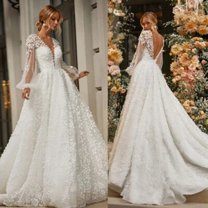 Embroidered Leaf Tulle Weddding Dresses V Neck Long Sleeve A Line Bridal Dress - Picture 1 of 10