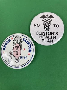 Lot of 2 Vintage 1992 Campaign Button Pins BILL CLINTON Crush & Health Care Plan - Picture 1 of 9