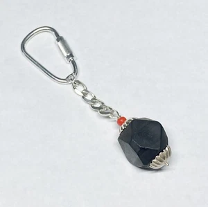 Sterling Silver & Genuine 16mm Azabache Jet and Coral Bead 3.5" Key Chain - Picture 1 of 6
