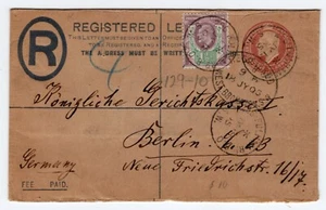 UK GB 1905 TO GERMANY REGISTERED FEE PAID KING EDWARD TWO PENCE POSTAL COVER - Picture 1 of 2