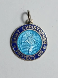 Ciondolo vintage Forstner argento sterling bicolore smalto blu San Cristoforo - Foto 1 di 5