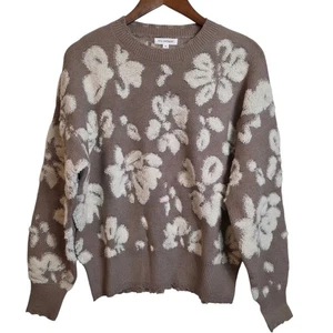 Blu Pepper Chenille-Strickpullover taupe creme Blumen Medium Used-Saum - Bild 1 von 12