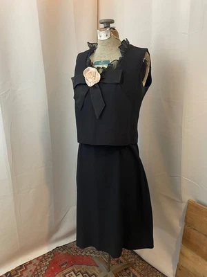 Black Mini Dress Sheer Ruffles Bow Pink Rose 1950s Vintage Coquette Twee 11 S XS - Image 1 of 4