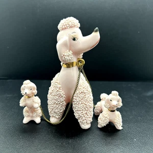 Vintage hochnäsiger Porzellan rosa Spaghetti Pudel Hund mit 2 Welpen - gemarkt AQ2 - Bild 1 von 10