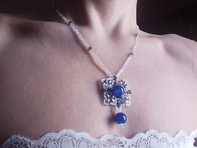 Collana Gioiello Ciondolo Cristallo Pietre Sodalite Vintage Anni 20 Art Decò  - Immagine 1 di 4