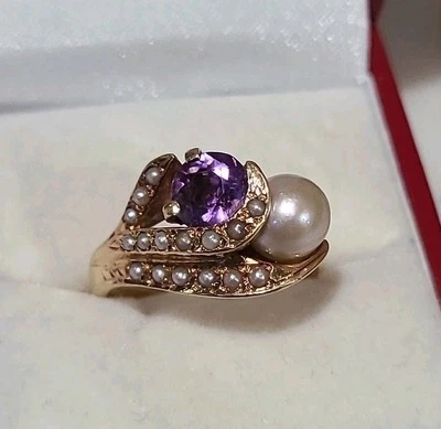 Anillo Estate oro amarillo macizo 14k 6,8 mm perla amatista vintage talla 7,5 Foto 1 de 4