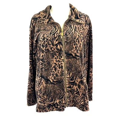 Style & Co. Sport Track Jacket 3X Brown Mob Wife Glam Animal Print Soft Cozy - Image 1 of 4