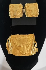 Park Lane Brooch Earring Set Brush Gold Tone Jungle Cat - Picture 1 of 8