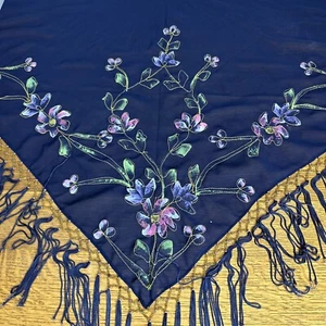 Schal mit Perlen Fransen geblümt blau,/ Schal blau geblümt - Bild 1 von 8