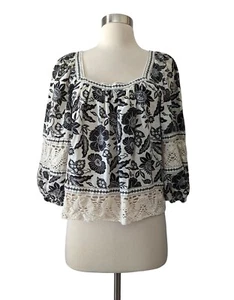 CHRISTIAN SIRIANO Top Blouse Cream Black Crochet Lace Floral Linen Blend MEDIUM - Picture 1 of 5