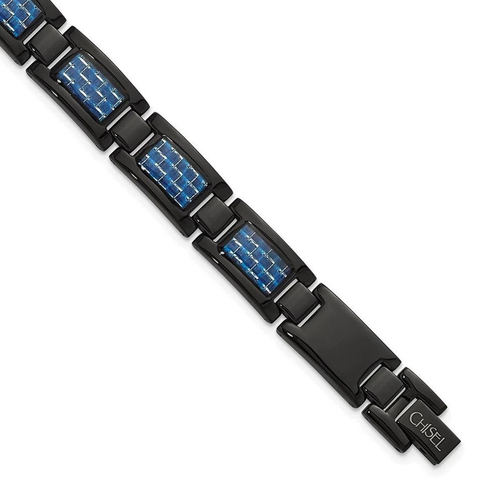 Mens 8.25" Stainless Steel Black Plated w/ Blue Carbon Fiber Inlay Bracelet - Image 1 of 4