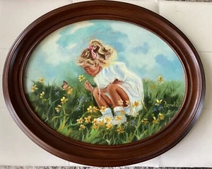 Oval Framed Canvas Oil Painting Girl In Flower Field W/Butterfly Randell Vintage - Picture 1 of 11