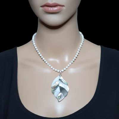 Shell Necklace Large Paua Abalone Leaf Pendant Beaded Mother Of Pearl Collar - Image 1 of 4