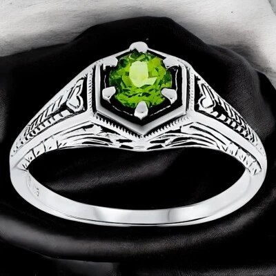 ART DECO STYLE GENUINE PERIDOT 925 STERLING SILVER SOLITAIRE HEART RING  #091 - Image 1 of 4