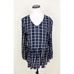 Maurices karierte lange Glockenärmel V-Ausschnitt Schößchen Bluse Top marineblau weiß Größe Medium - Bild 1 von 6