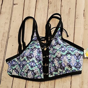 Island Soul Curve Swimsuit Bikini Top Lace Up High Neck Floral Blue 1x Plus size - Picture 1 of 6