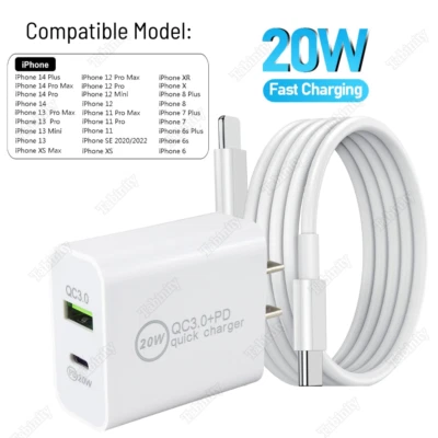 20W Fast Charge USB-C Power Adapter PD Cable For iPhone 14/13/12/11 Pro/XR X 8 - Image 1 of 4