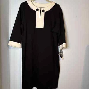 NWT Madison Leigh Shift Dress 3/4 Sleeves Black Ivory Trim Size 12 - Picture 1 of 9