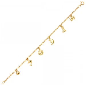 14K Gelbgold Herz Sonne Mond Delfin Band Armband - Charm Rolo Kette Glied - Bild 1 von 1