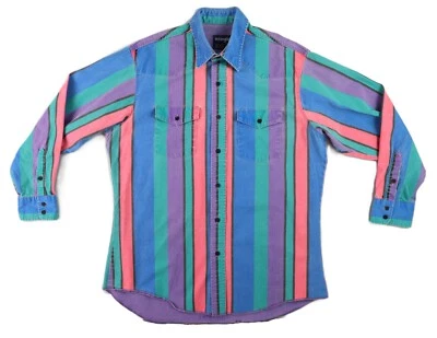 Camisa de Colección Años 90 WRANGLER EE. UU. 34 Azul Púrpura Rayas Abotonada Brushpopper Foto 1 de 4