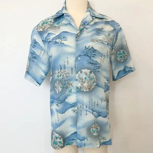 Vintage Malihini 70s Hawaiian Light Blue Tropical Print Tiki Top Shirt S - Picture 1 of 10