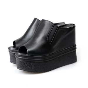 Women's Peep Toe Wedge Heel Slipper Slip On Creeper Casuals Solid Color Sandals  - Picture 1 of 8