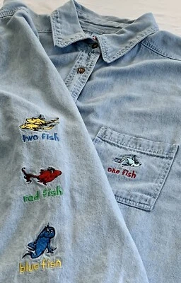 Vintage Dr Seuss Shirt Women’s XL Denim One Fish Two Fish Graphic Print Y2K - Image 1 of 4