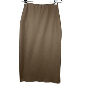 Zara Women's High Waisted Midi Pencil Skirt Small Tan Elastic Waist Back Slit