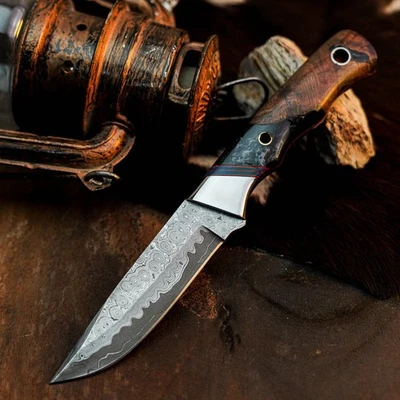 Gift-Ready 8.7" Damascus / Steel Knife Full Tang Hunt it Hunt + Leather Sheath - Image 1 of 4