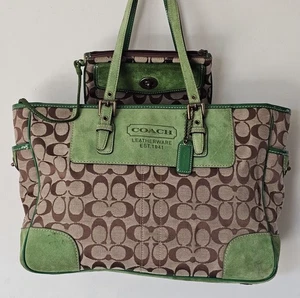 Coach Signature Monogram Purse Bag With Pink Leather Trim Metal Charm & Hang Tag - Picture 1 of 17