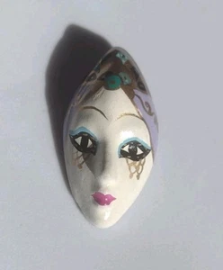 Art Deco Mask Brooch Pin Hand Painted Golden Purple Headdress - Picture 1 of 13
