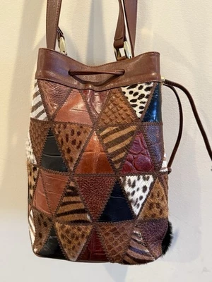 Bolso de Mano Boho De Colección Nordstrom Hecho en Italia Cuero Genuino Retazos Estampado Animal Foto 1 de 4