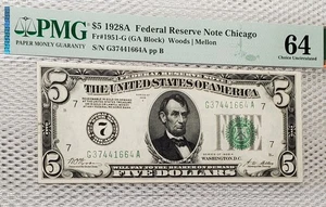 1928 A $5 Federal Reserve Note Numerical Green Seal Chicago PMG Choice UNC 64  - Picture 1 of 8