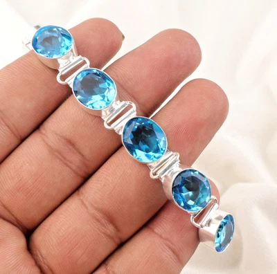 Brazalete de joyería hecho a mano de plata de ley 925 con piedras preciosas de topacio azul suizo de 8" Foto 1 de 4