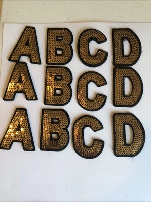 Iron- On Alphabet Letters  Gold Sequin Black Outline  72 Pieces. NO E’s - Image 1 of 4