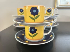 Vista Alegre Florida Cup & Saucer, Yellow/Blue Flowers, Portugal SET OF 6 - Picture 1 of 7